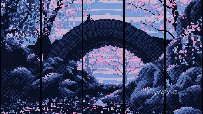 Pixel art image of a bridge surrounded by cherry trees with falling pink blossoms. A black cat with glowing eyes sits atop the bridge. pink-petal-bridge