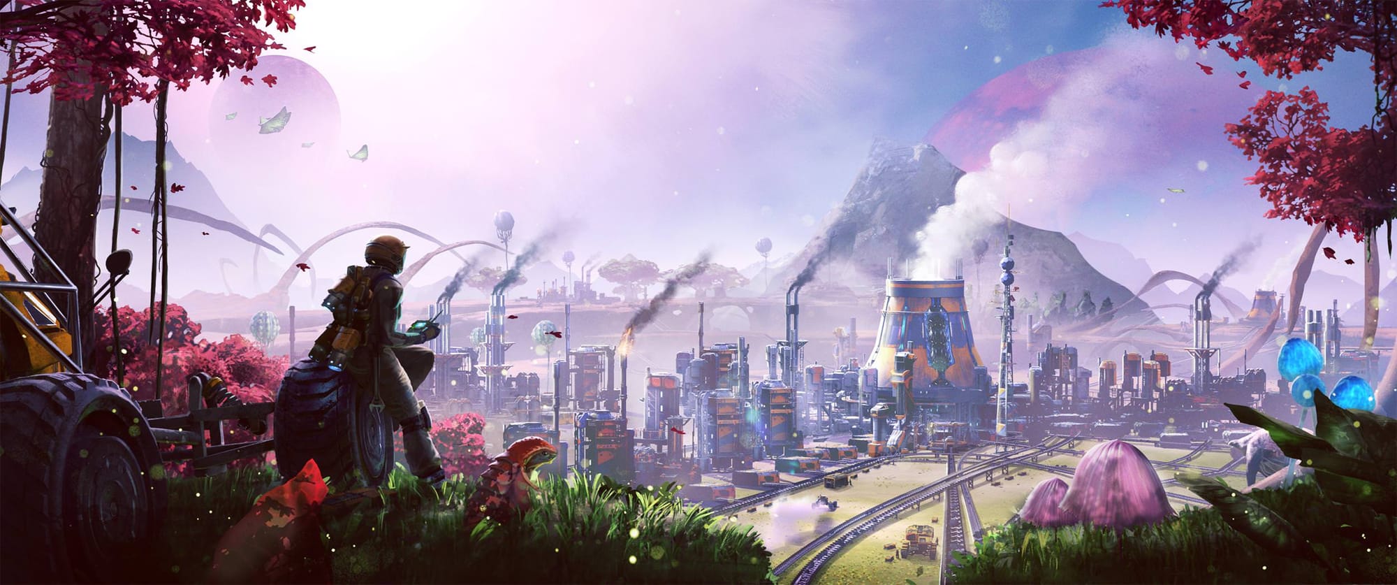 Concept art from the game Satisfactory. It depicts an engineer sitting on the wheel of their buggy overlooking a field where a massive sprawling factory fades into the misty distance. satisfactory